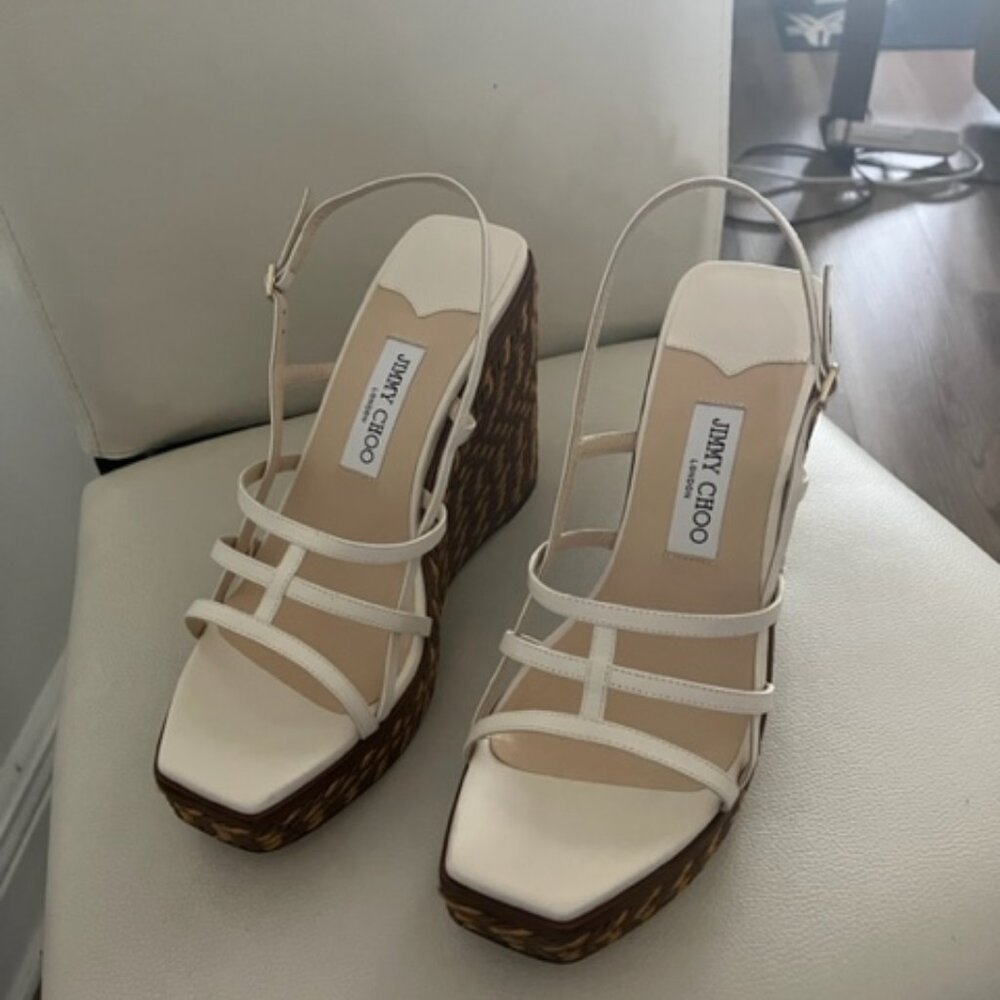 New Jimmy Choo-Latte Leather Wedge Sandal , Size 41 1/2.